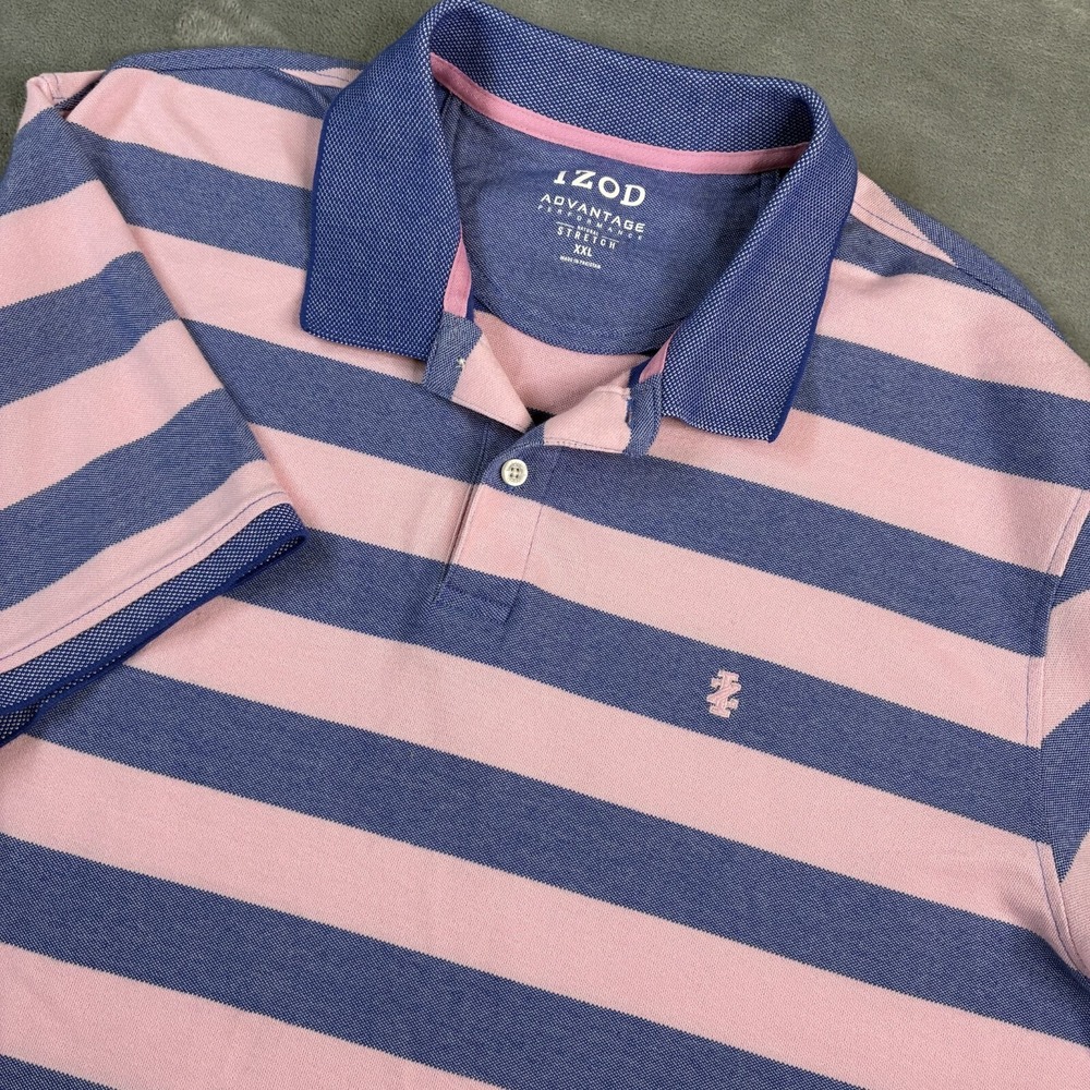 Izod Mens Polo Shirt 2XL Blue Pink Striped Advantage Performance Natural Stretch